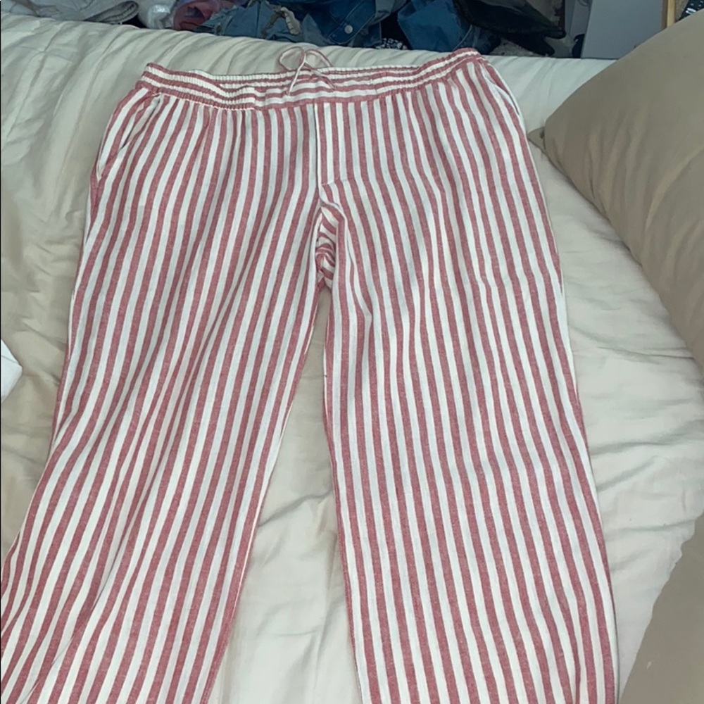 Red and white stripe linen pants